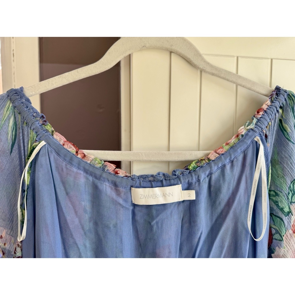 Zimmermann Winsome Sky Sunbleach Floral 100% Silk Ruffle Mini Dress Size 2 M 6/8 - Picture 13 of 16